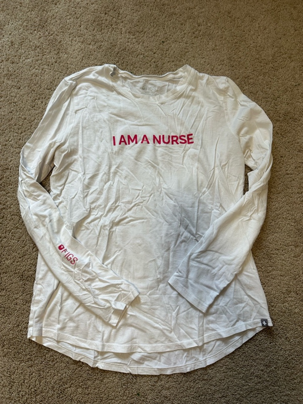 FIGS White Long Sleeve Tee with Pink "I AM A NURSE" Text